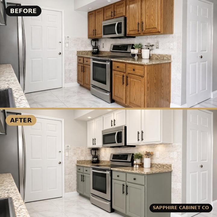 Before and after: oak galley kitchen painted white uppers and sage lowers